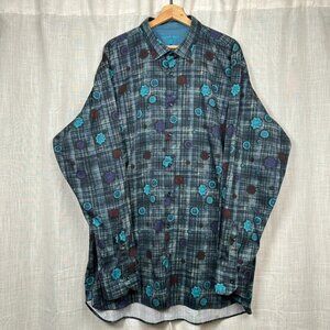Visconti Black Long Sleeve Button Down Shirt Mens 3XLT Plaid Floral Print Cotton